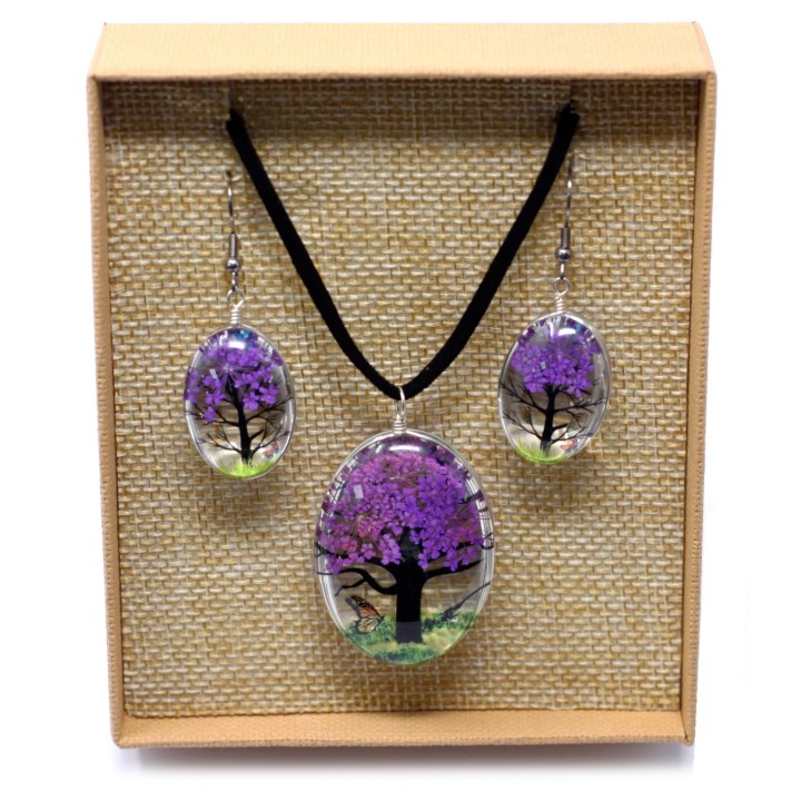 Parure Fleurs pressées - Arbre Violet