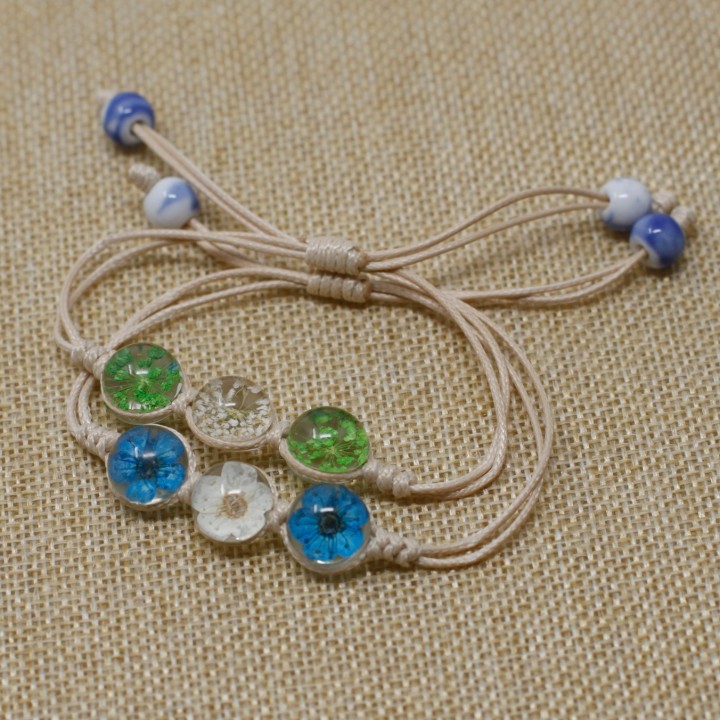 Bracelet Fleurs pressées - Vert & Blanc