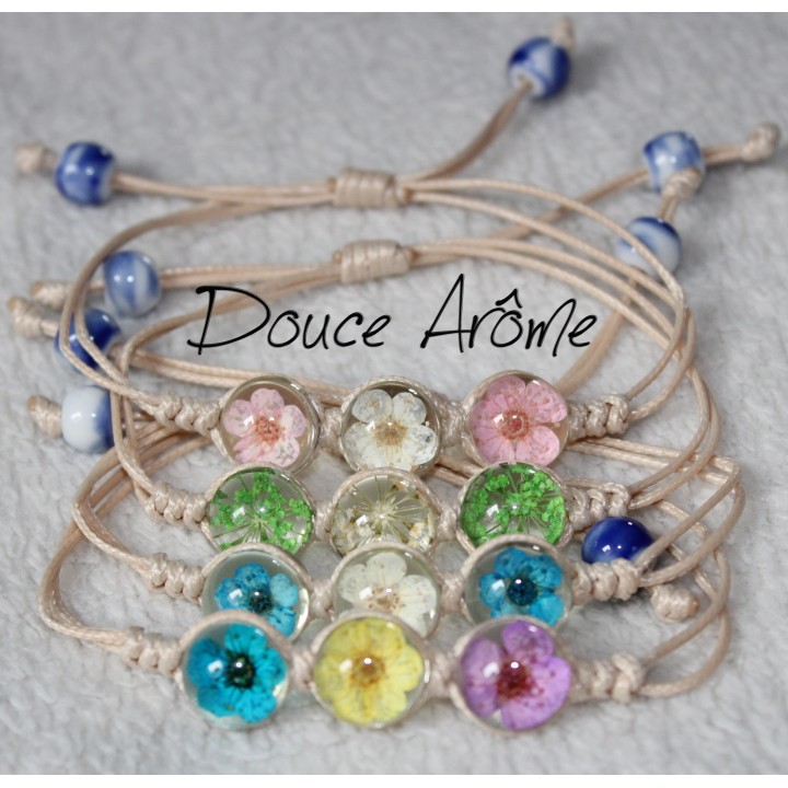 Bracelet Fleurs pressées - Vert & Blanc