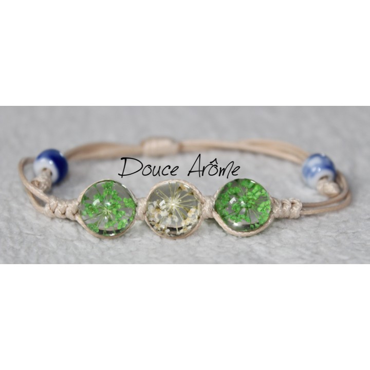 Bracelet Fleurs pressées - Vert & Blanc