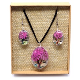 Parure Fleurs pressées - Arbre de Vie Rose Vif