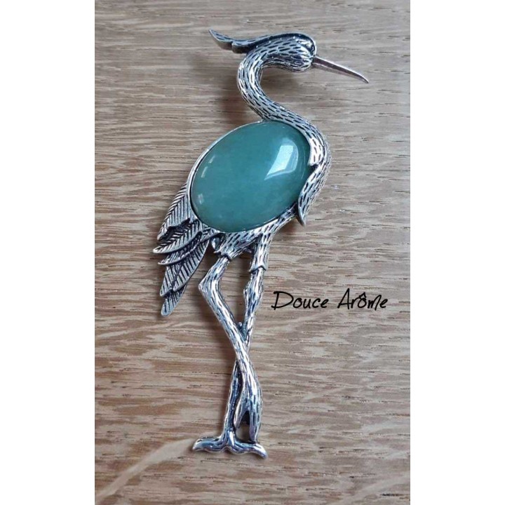 Broche Héron en Aventurine verte